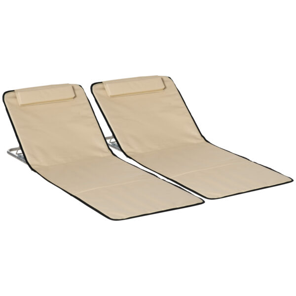 Outsunny Set of 2 Foldable Garden Beach Chair Mat Lightweight Outdoor Sun Lounger Seats Adjustable Back Metal Frame PE Head Pillow, Beige Aosom UK