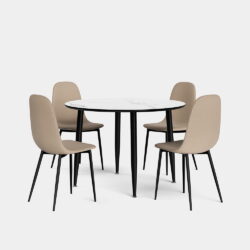 VonHaus Dining Table & Chairs Set - 4 Seater Dining Table with Cord Chairs Set - Circular White Marble Effect Dinner Table with 4 Chairs - Round