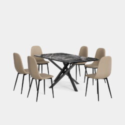 VonHaus Dining Table & Chairs Set - 6 Seater Dining Table with Beige Dining Chairs Set - Rectangular Black Ceramic Dinner Table with 6 Chairs - Marble