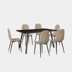 VonHaus Dining Table & Chairs Set - 6 Seater Dining Table with Beige Dining Chairs Set - Rectangular Dinner Table with 6 Chairs - Dark Wood Effect