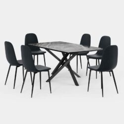 VonHaus Dining Table & Chairs Set - 6 Seater Dining Table with Blue Dining Chairs Set - Rectangular Black Ceramic Dinner Table with 6 Chairs - Marble