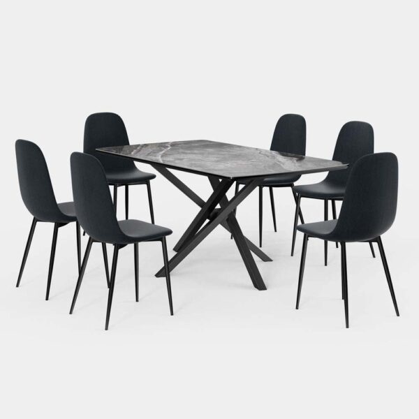 VonHaus Dining Table & Chairs Set - 6 Seater Dining Table with Blue Dining Chairs Set - Rectangular Black Ceramic Dinner Table with 6 Chairs - Marble