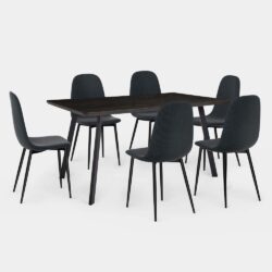 VonHaus Dining Table & Chairs Set - 6 Seater Dining Table with Blue Dining Chairs Set - Rectangular Dinner Table with 6 Chairs - Dark Wood Effect