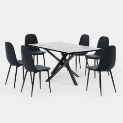 VonHaus Dining Table & Chairs Set - 6 Seater Dining Table with Blue Dining Chairs Set - Rectangular White Ceramic Dinner Table with 6 Chairs - Marble