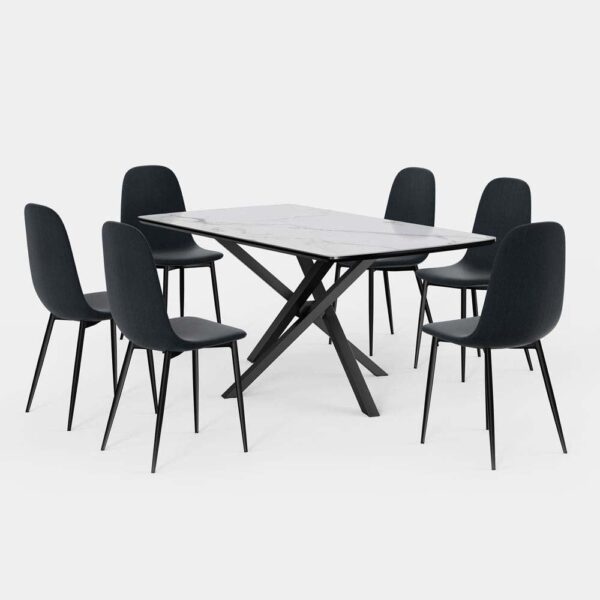 VonHaus Dining Table & Chairs Set - 6 Seater Dining Table with Blue Dining Chairs Set - Rectangular White Ceramic Dinner Table with 6 Chairs - Marble