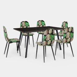 VonHaus Dining Table & Chairs Set - 6 Seater Dining Table with Palm Print Dining Chairs Set - Rectangular Dinner Table with 6 Chairs - Dark Wood