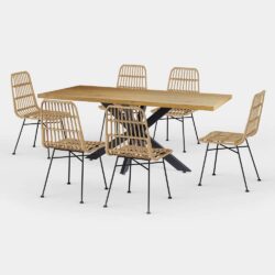 VonHaus Dining Table & Chairs Set - 6 Seater Dining Table with Rattan Chairs Set - Rectangular Industrial Dinner Table with 6 Chairs - Light Wood