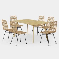 VonHaus Dining Table & Chairs Set - 6 Seater Dining Table with Rattan Chairs Set - Rectangular Scandi Style Dinner Table with 6 Chairs - Light Wood