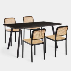 VonHaus Dining Table & Chairs Set - Rectangular Dining Table with 4 Dining Chairs - Dark Wood Effect Dinner Table with 4 Plastic Rattan Effect Chairs