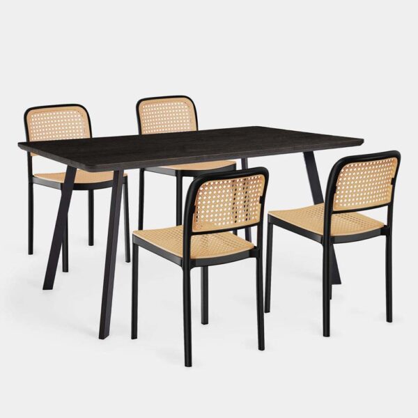 VonHaus Dining Table & Chairs Set - Rectangular Dining Table with 4 Dining Chairs - Dark Wood Effect Dinner Table with 4 Plastic Rattan Effect Chairs
