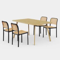 VonHaus Dining Table & Chairs Set - Rectangular Dining Table with 4 Dining Chairs - Light Wood Effect Dinner Table with 4 Plastic Rattan Effect Chairs
