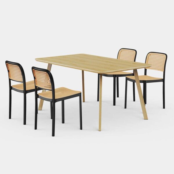 VonHaus Dining Table & Chairs Set - Rectangular Dining Table with 4 Dining Chairs - Light Wood Effect Dinner Table with 4 Plastic Rattan Effect Chairs