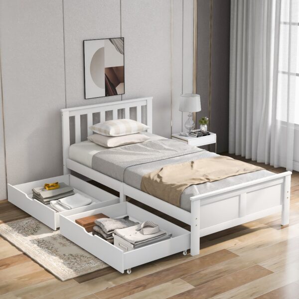 3FT Solid Pine Single Bed with Wooden Frame, Under Storage Drawers, Modern Mattress Foundation for Teens, Adults, 196x100x82 cm, White Aosom.UK
