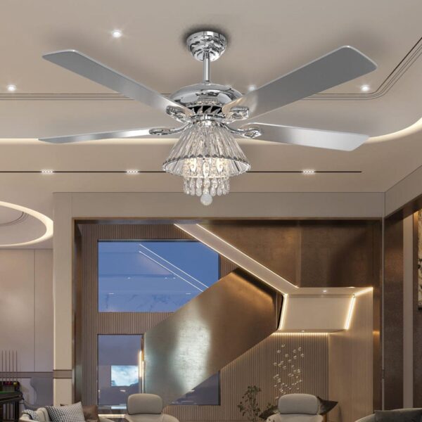 52Inch Silver Ceiling Fan with Light Crystal Droplets Chandelier