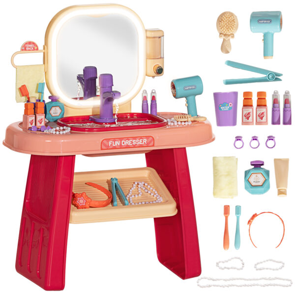 AIYAPLAY Kids Dressing Table with Mirror, LED Light, 23 Accessories, Pink Aosom UK