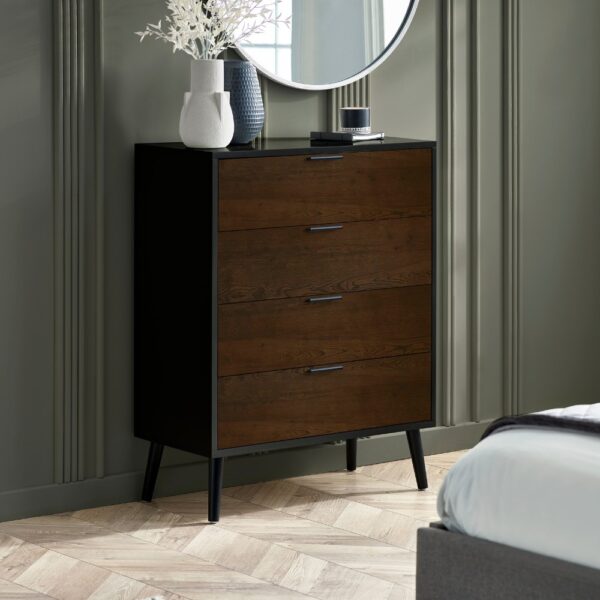 Alba - 4-Drawer Wide Chest of Drawers - Walnut and Black - Lacquered MDF - Happy Beds