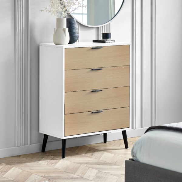 Alba - 4-Drawer Wide Chest of Drawers - White and Oak - Lacquered MDF - Happy Beds