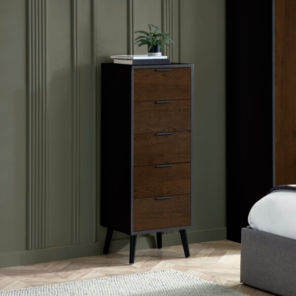 Alba - 5-Drawer Narrow Chest of Drawers - Walnut and Black - Lacquered MDF - Happy Beds