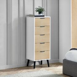 Alba - 5-Drawer Narrow Chest of Drawers - White and Oak - Lacquered MDF - Happy Beds