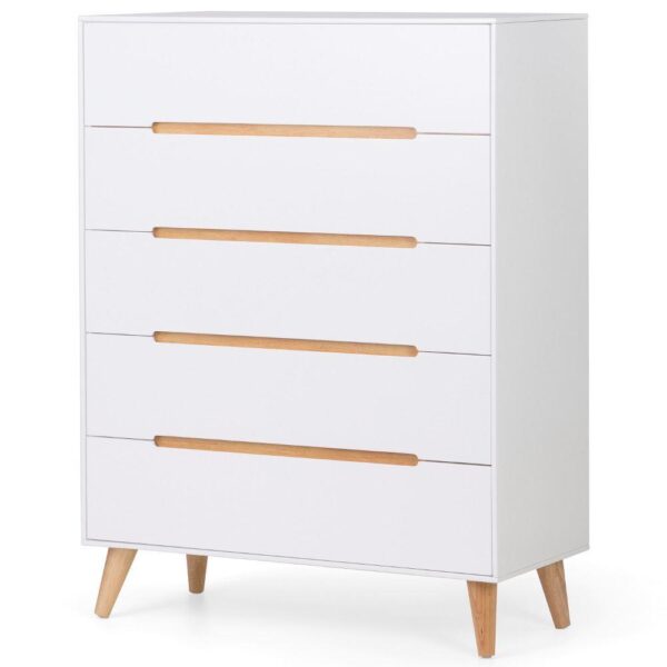 Alicia - 5 Drawer Bedside Table - White/Oak - Wooden - Happy Beds