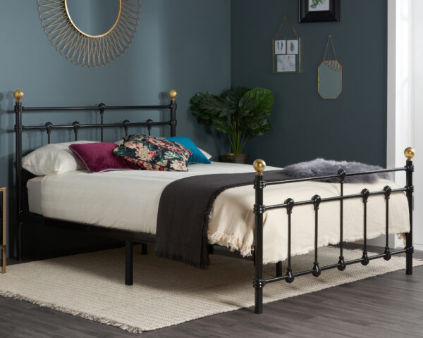 Atlas - Single -Black Metal Bed Frame with Antique Brass Finials - Single - Happy Beds