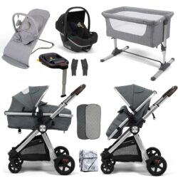 BabyLo Panorama XTi Essential Travel System & Starter Nursery Bundle, Grey on Silver Chassis
