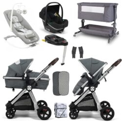 BabyLo Panorama XTi Premium Travel System & Starter Nursery Bundle including Isofix Base 2, Grey on Silver Chassis