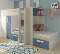 Barca - Kids Bunk Bed - Blue and Oak - Wood - Single - 3ft - Happy Beds