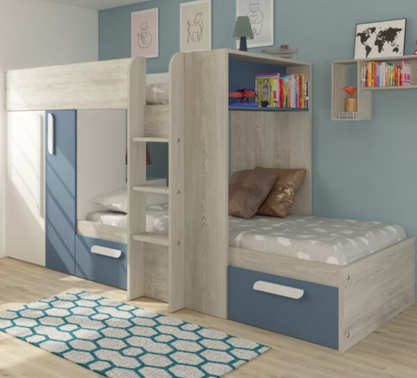 Barca - Kids Bunk Bed - Blue and Oak - Wood - Single - 3ft - Happy Beds