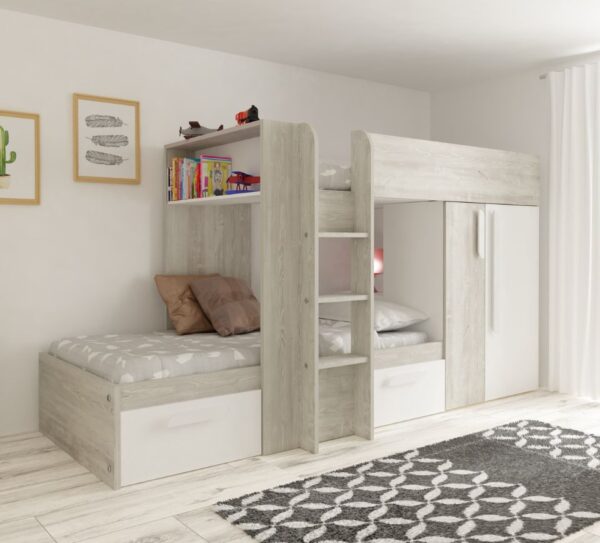 Barca - Kids Bunk Bed - White and Oak - Wood - Single - 3ft - Happy Beds