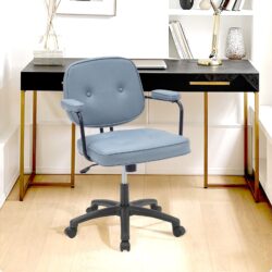 Blue Upholstered Office Chair with Armrests and Rolling Wheels