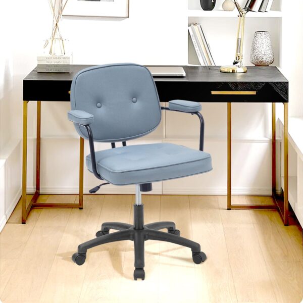 Blue Upholstered Office Chair with Armrests and Rolling Wheels