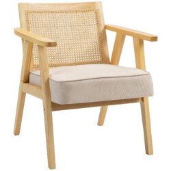 Bohemian Armchair, HOMCOM Fabric Accent Chair with Rattan Back, Rubber Wood Frame & Padded Seat Cushion, Living Room, Bedroom, Office Aosom UK