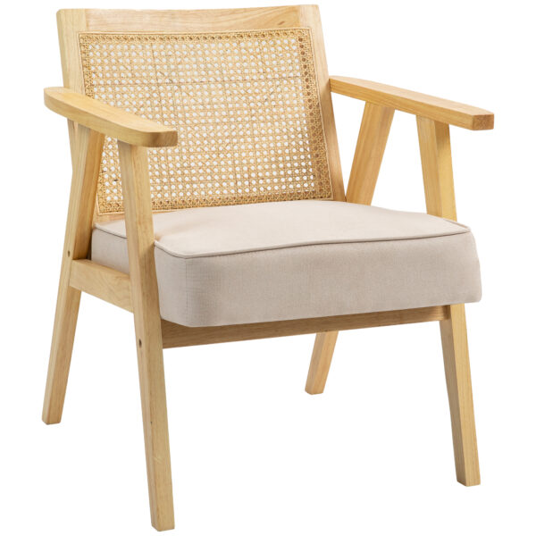 Bohemian Armchair, HOMCOM Fabric Accent Chair with Rattan Back, Rubber Wood Frame & Padded Seat Cushion, Living Room, Bedroom, Office Aosom UK