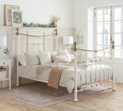 Bronte Double Cream Metal Bed Frame - Victorian Style - Brass Finials and Top Rail - 4ft6 - Happy Beds