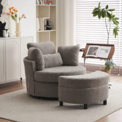 Chenille Bedroom Chairs with 3 Back Cushions and Crescent Ottoman Stool, 360° Swivel Armchair for Living room, 107L x 105W x 82H cm, Grey Aosom.UK