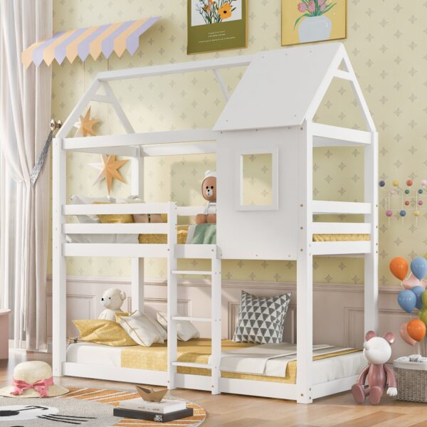 Children's Bunk Bed with Convertible Step Ladder and Window, Solid Pine Twin Sleeper, Twin over Full Bunk Bed, for Kids, White Aosom UK