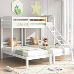 Childrens Bunk Beds with Storage and Side Ladder, White Wooden Bed Frame for 3 Kids, Mattresses Not Included, 208L x 198W x 162H cm, White Aosom.UK