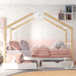 Children's House Tree Canopy Single Bed with Underbed Storage Drawers, Solid Pine Wood Bed, Safety Rail Guards, 200x96x183 cm, Natural Aosom UK