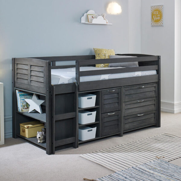 Cosy - Single - Kids Mid Sleeper Storage Bed - Left Ladder - Grey - Wood - 3ft - Happy Beds