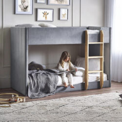 Daytona - Single - Bunk Bed with Woodgrain Ladder - Grey - Velvet - 3ft - Happy Beds