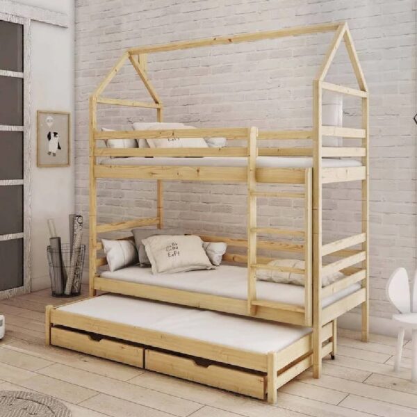 Detroit Wooden Bunk Bed With Bonnell Mattress And Trundle In Pine