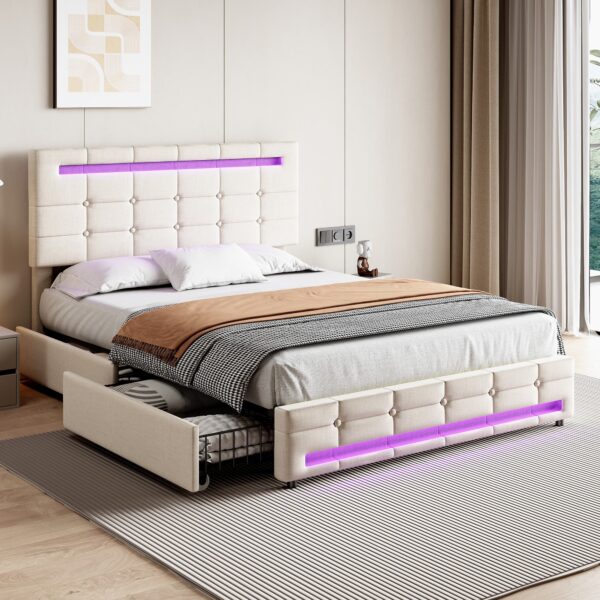 Double Bed Frame with Storage, 4ft6 Double Upholstered Bed with Drawers and LED for Adults and Kids, 198.5L x 143W x 107.5H cm, Beige Aosom.UK