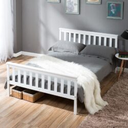 Double Wooden Bed Frame 4ft6 Solid Pine Wood with Eco-Friendly Finish, No Box Spring Required, Kids Double Bed, 198x141x82 cm, White Aosom UK