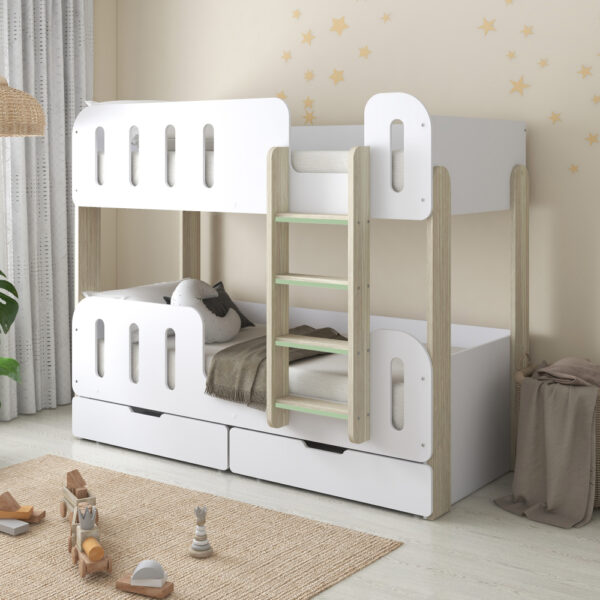 Elisa - Single - Bunk Bed with Underbed Drawers - White/Pale Wood - Particleboard - 3ft