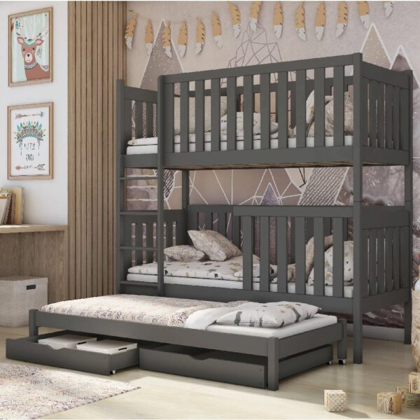 Enid Wooden Bunk Bed With Foam Mattress And Trundle In Graphite