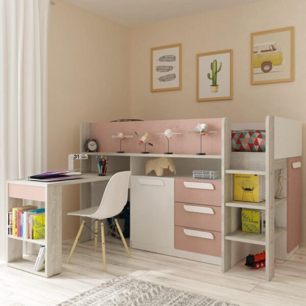 Girona -Kids Mid Sleeper Bed - Pink and Oak - Wood - Single - 3ft - Happy Beds