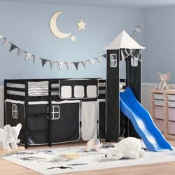 Gorizia Pinewood Kids Loft Bed In Black With White Black Tower