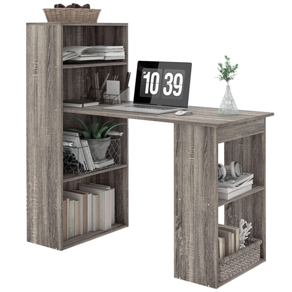 HOMCOM 120cm Modern Computer Desk Bookshelf Study Table Workstation PC Laptop Writing Home Office 6 Shelves, Grey Wood-Effect