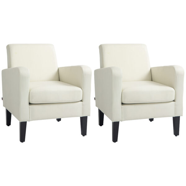 HOMCOM 2 Pieces Modern Armchairs with Rubber Wood Legs, Upholstered Accent Chairs, Single Sofa for Living Room, Bedroom, Cream White